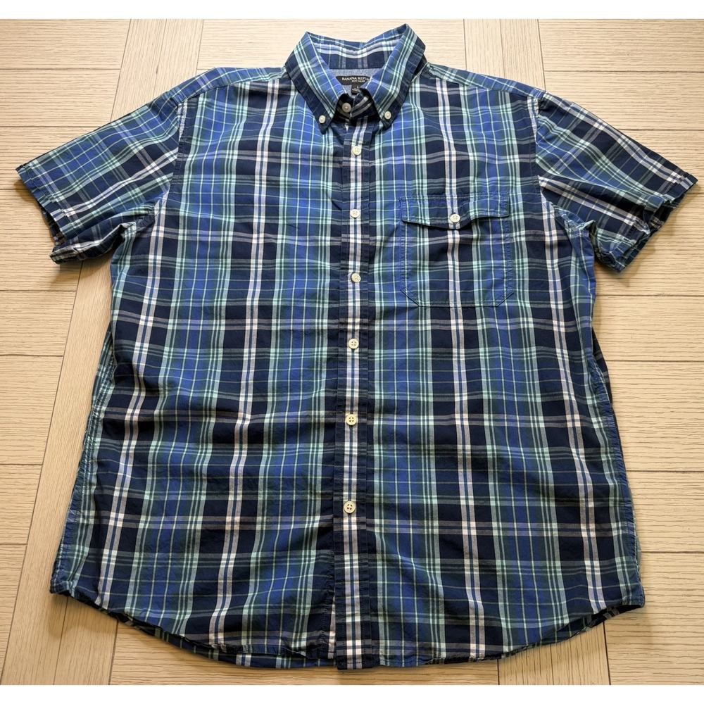 Banana Republic Men's Blue Plaid Soft Wash Short Sleeve Button Down Shirt Sz L